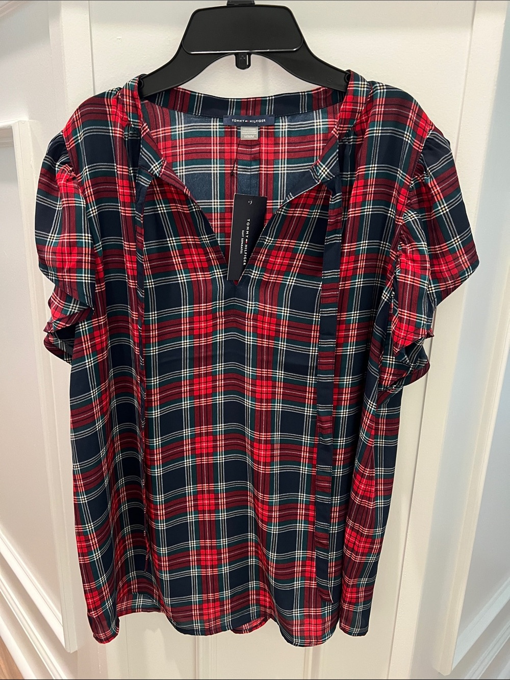 Tommy Hilfiger Red and Navy Plaid Short Sleeve Blouse